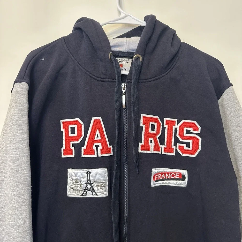 Unisex Hooded Sweatshirt Paris France 2XL Full Zip Up Blue Gray‎ Eiffel Tower